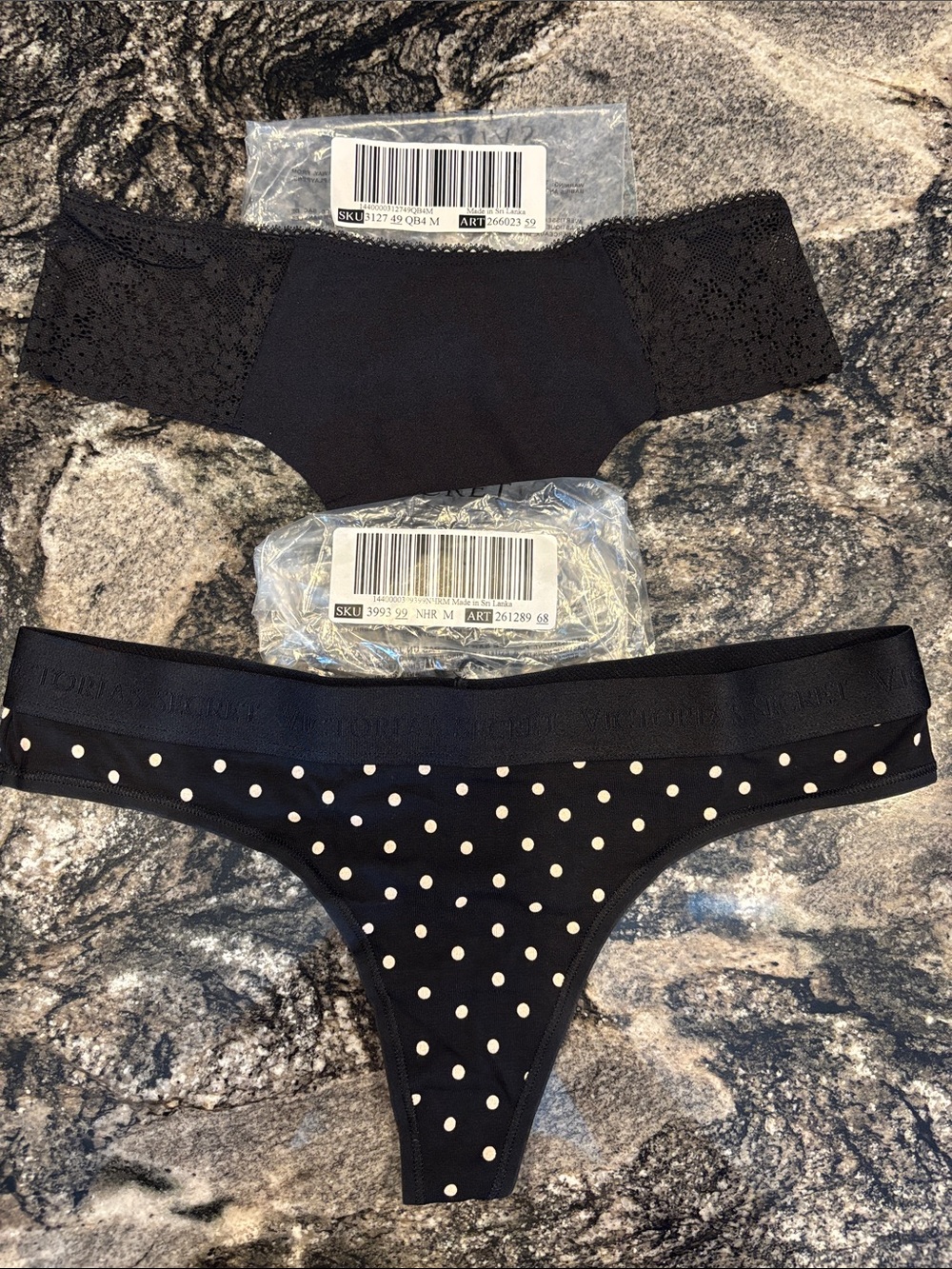 Victoria’s Secret Black Polka Dot & Lace Trim Thong Bottoms (2) Medium
